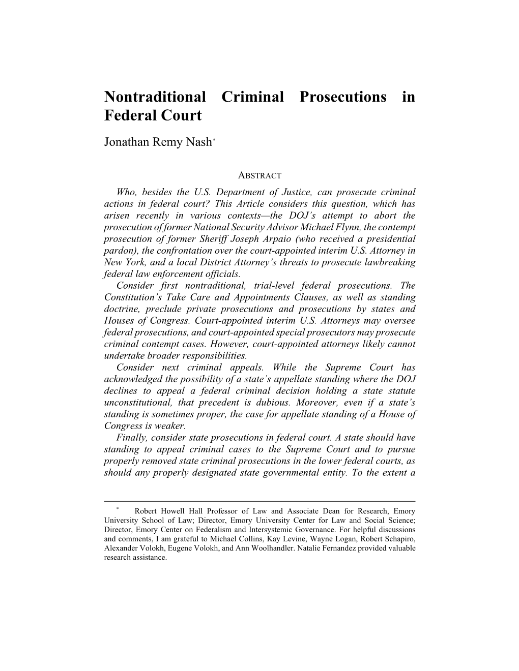 Nontraditional Criminal Prosecutions in Federal Court