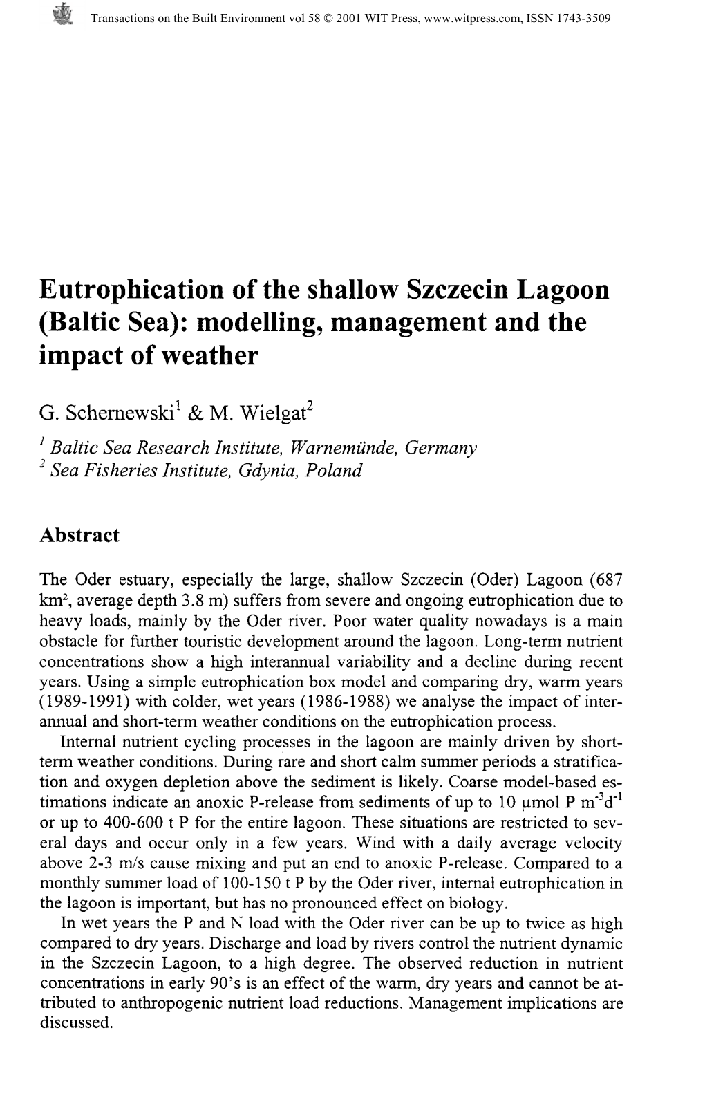 Eutrophication of the Shallow Szczecin Lagoon (Baltic Sea)