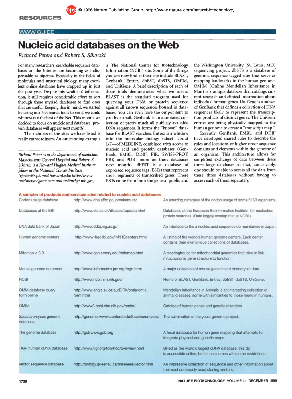 Nucleic Acid Databases on the Web Richard Peters and Robert S