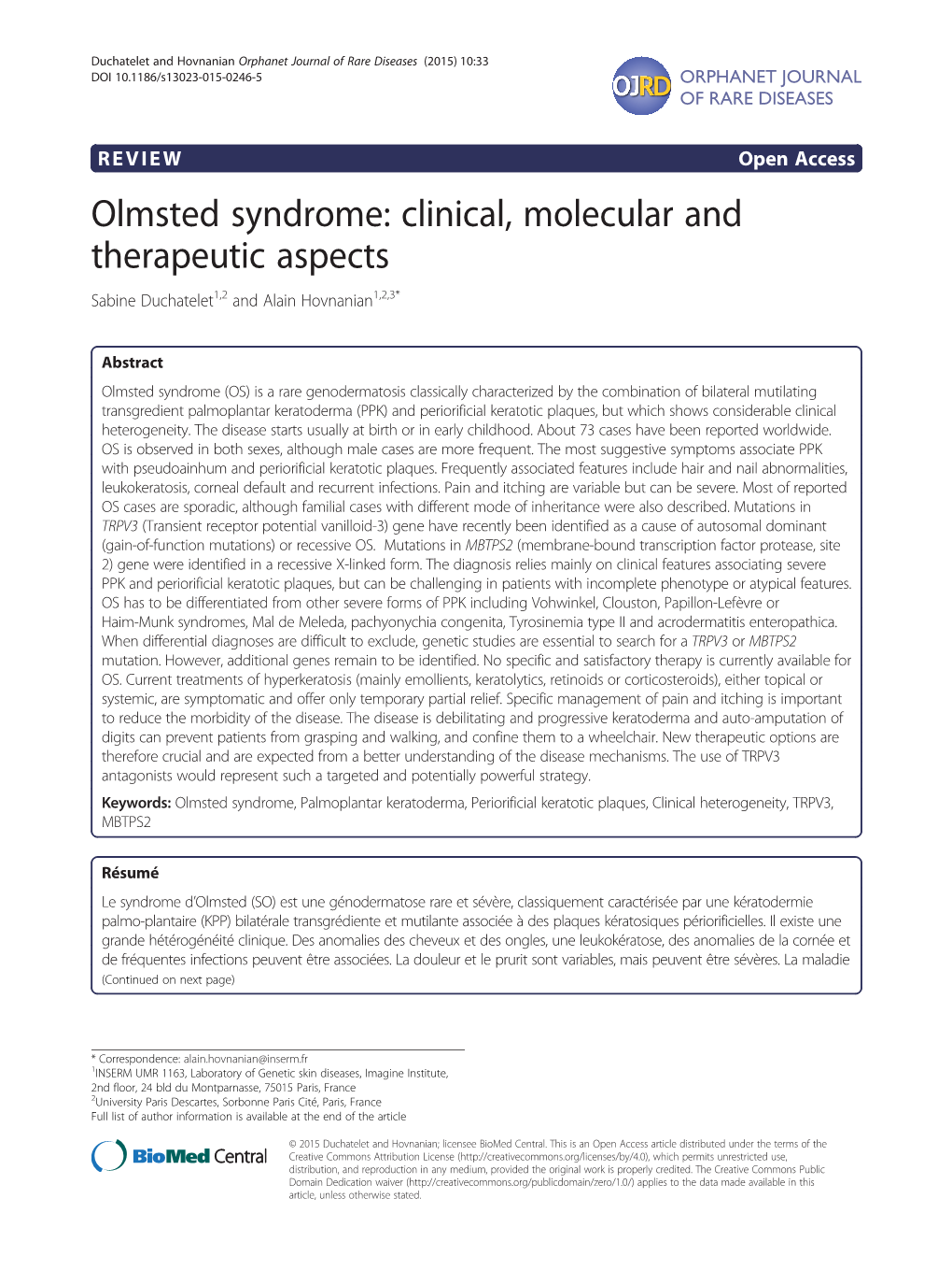 Olmsted Syndrome: Clinical, Molecular and Therapeutic Aspects Sabine Duchatelet1,2 and Alain Hovnanian1,2,3*