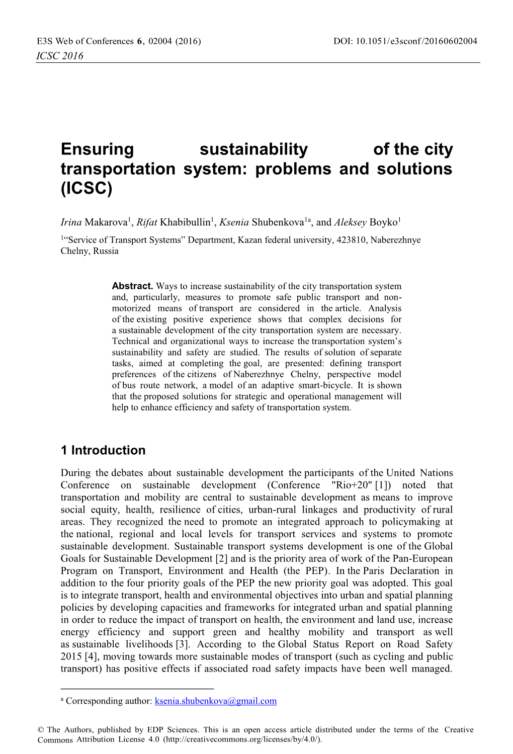 Ensuring Sustainability of the City Transportation System: Problems and Solutions (ICSC)