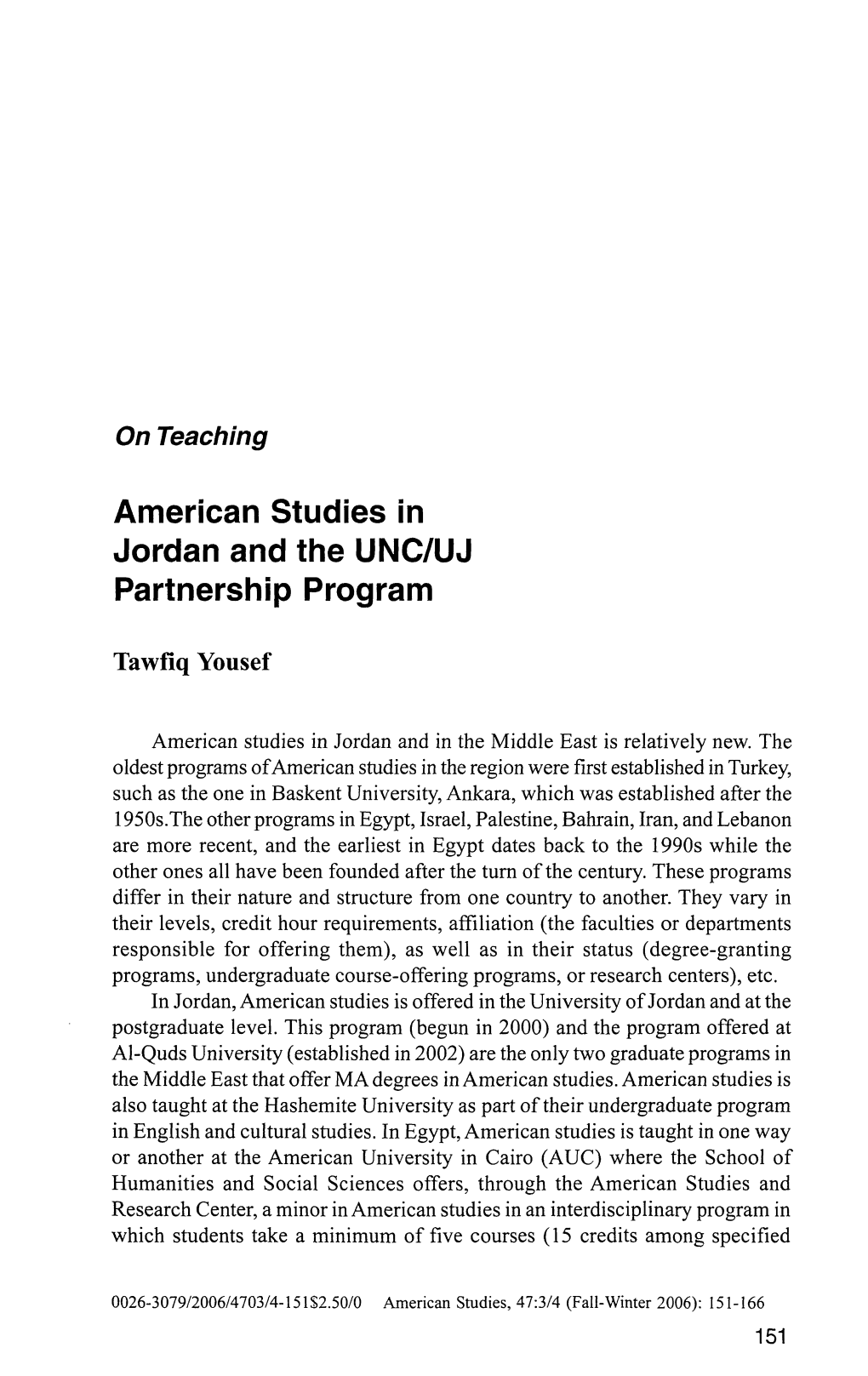 American Studies in Jordan and the UNC/UJ Partnership Program