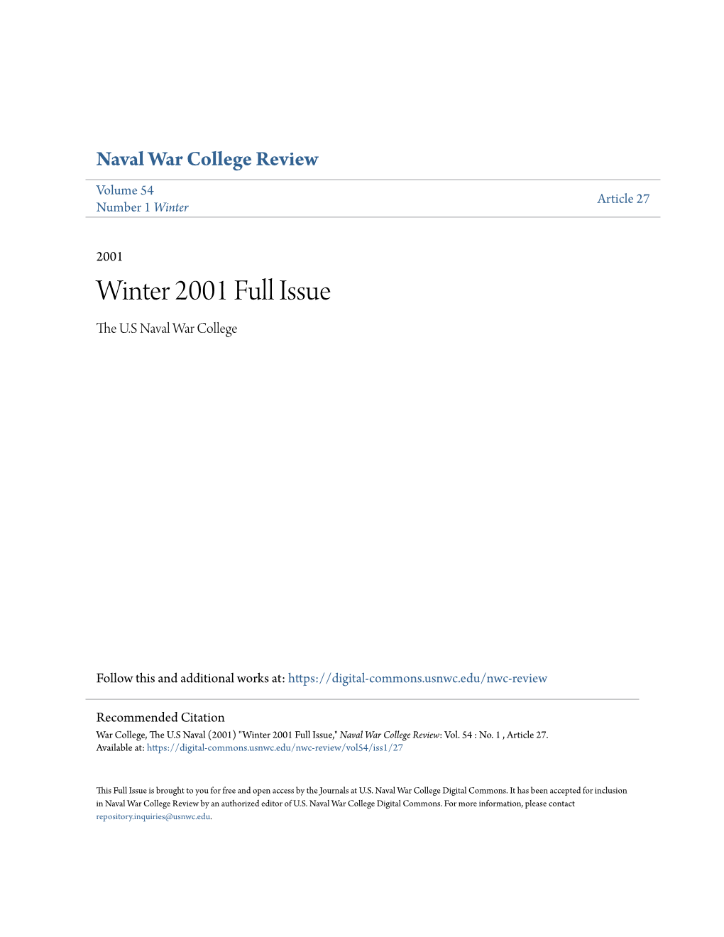 Winter 2001 Full Issue the .SU Naval War College