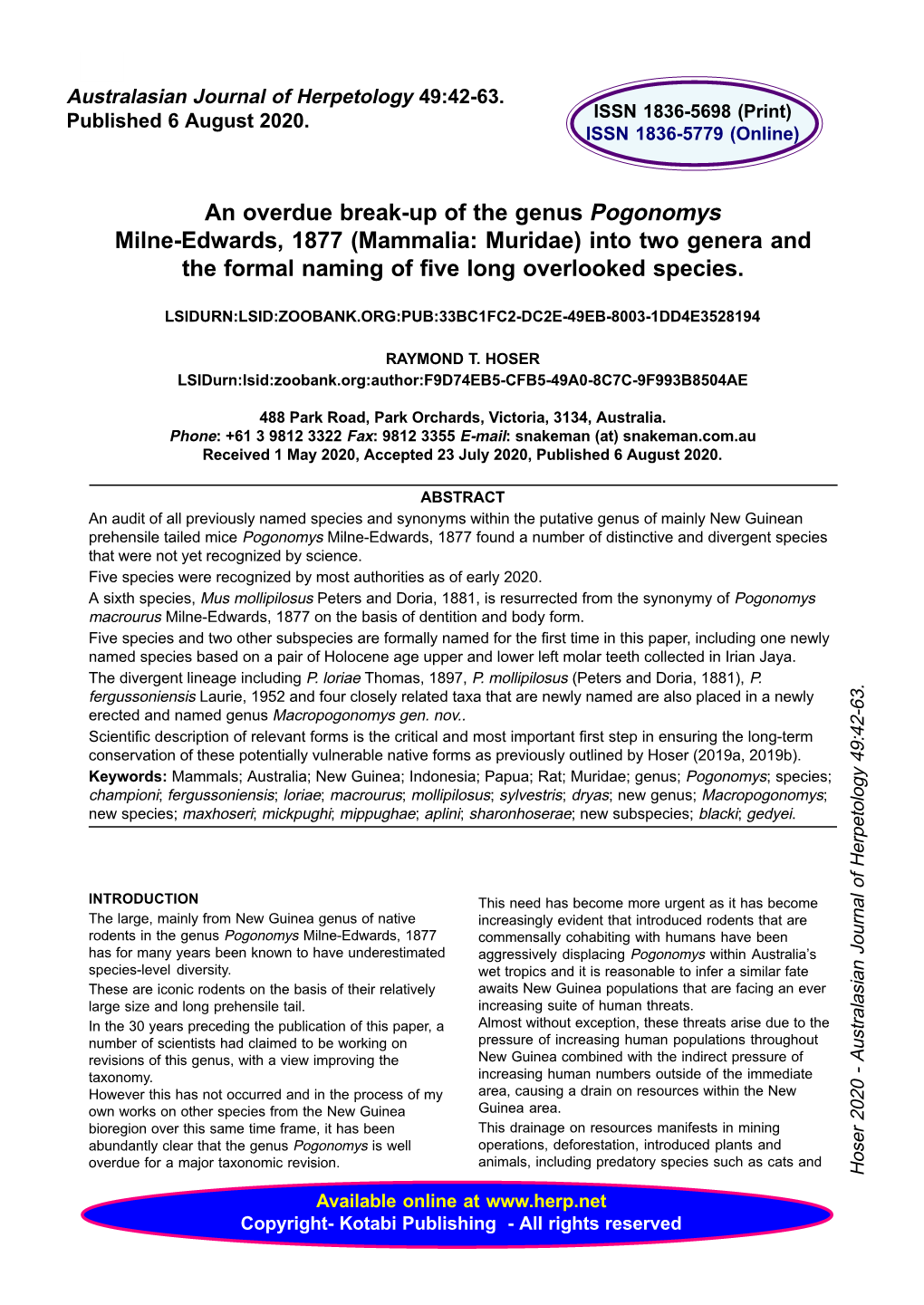 An Overdue Break-Up of the Genus Pogonomys Milne-Edwards, 1877 (Mammalia: Muridae) Into Two Genera and the Formal Naming of Five Long Overlooked Species