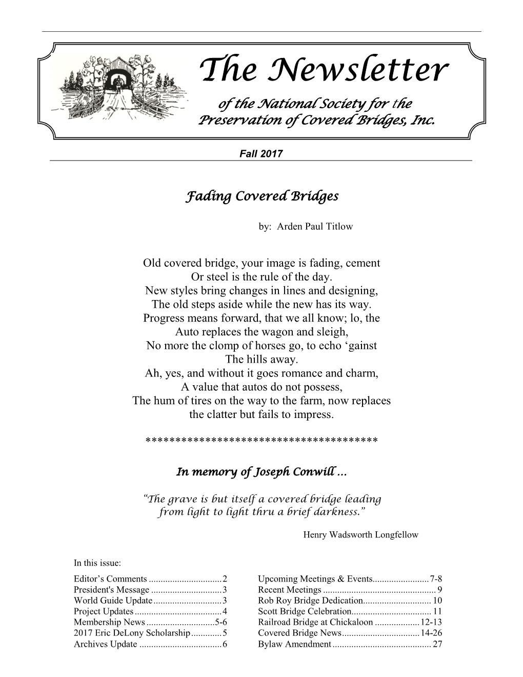 The Newsletter of the National Society for the Preservation of Covered Bridges, Inc