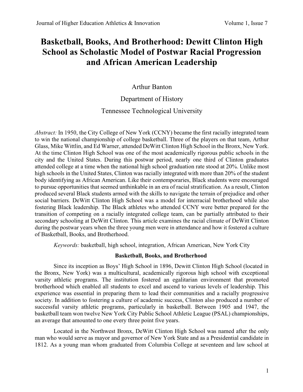 Dewitt Clinton High School As Scholastic Model of Postwar Racial Progression and African American Leadership