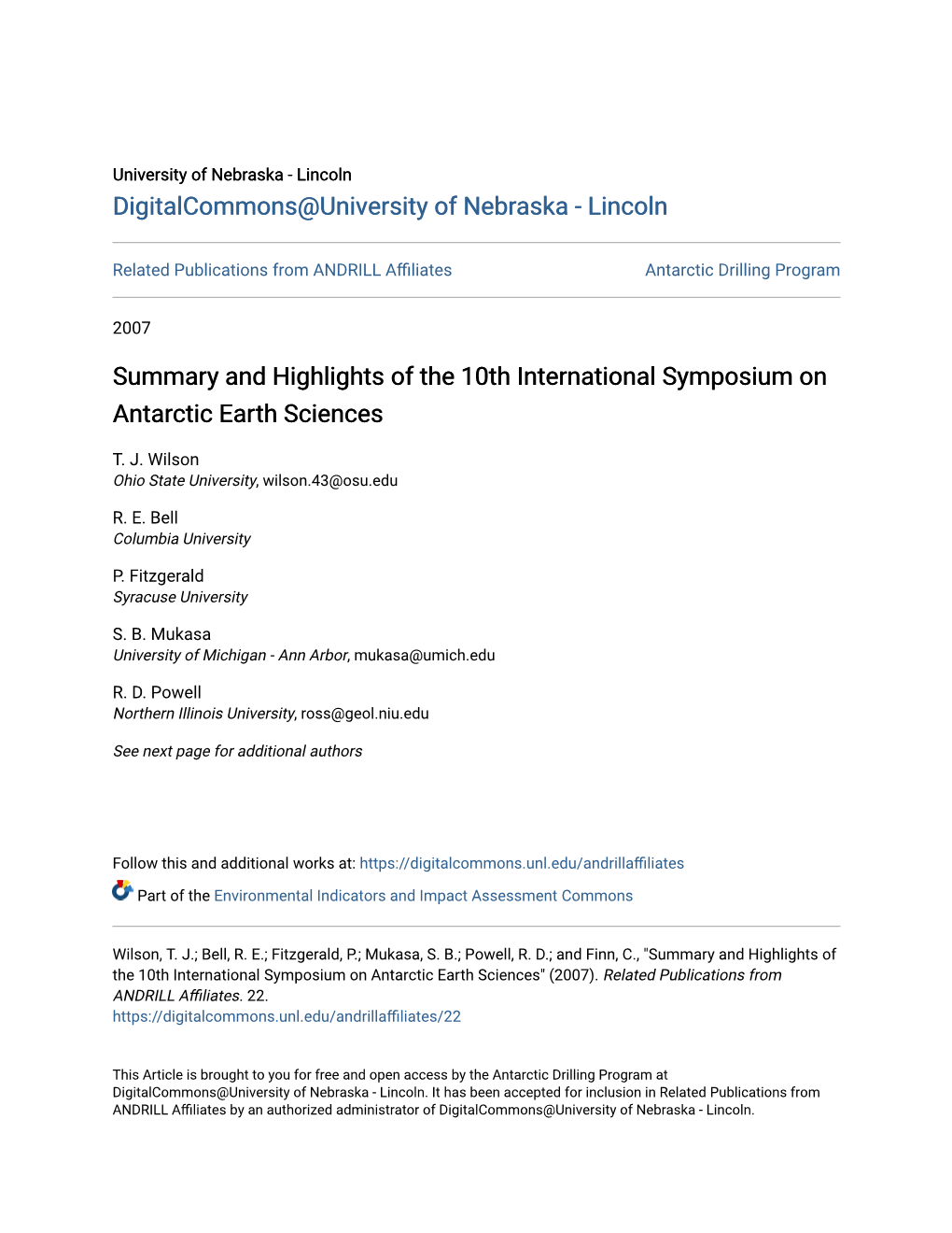 Summary and Highlights of the 10Th International Symposium on Antarctic Earth Sciences