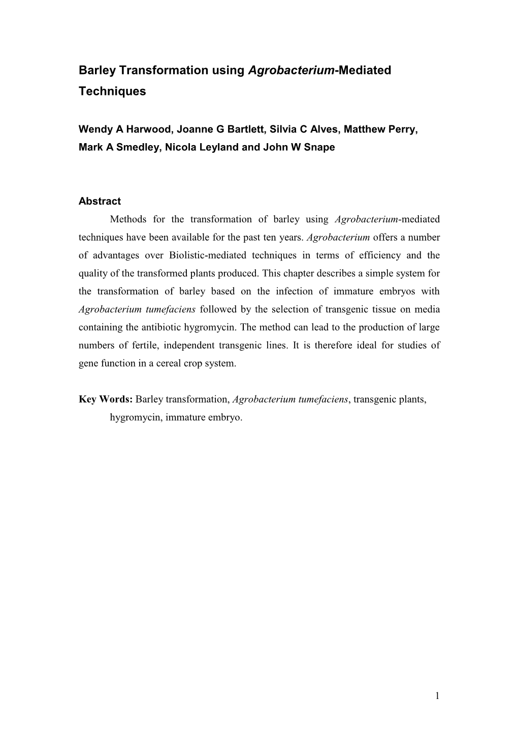 Barley Transformation Using Agrobacterium-Mediated Techniques