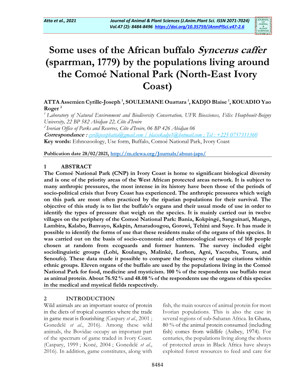 Some Uses of the African Buffalo Syncerus Caffer (Sparrman, 1779) by the Populations Living Around the Comoé National Park (North-East Ivory Coast)