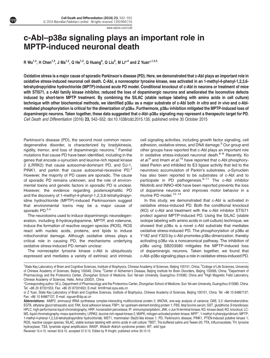 Signaling Plays an Important Role in MPTP-Induced Neuronal Death