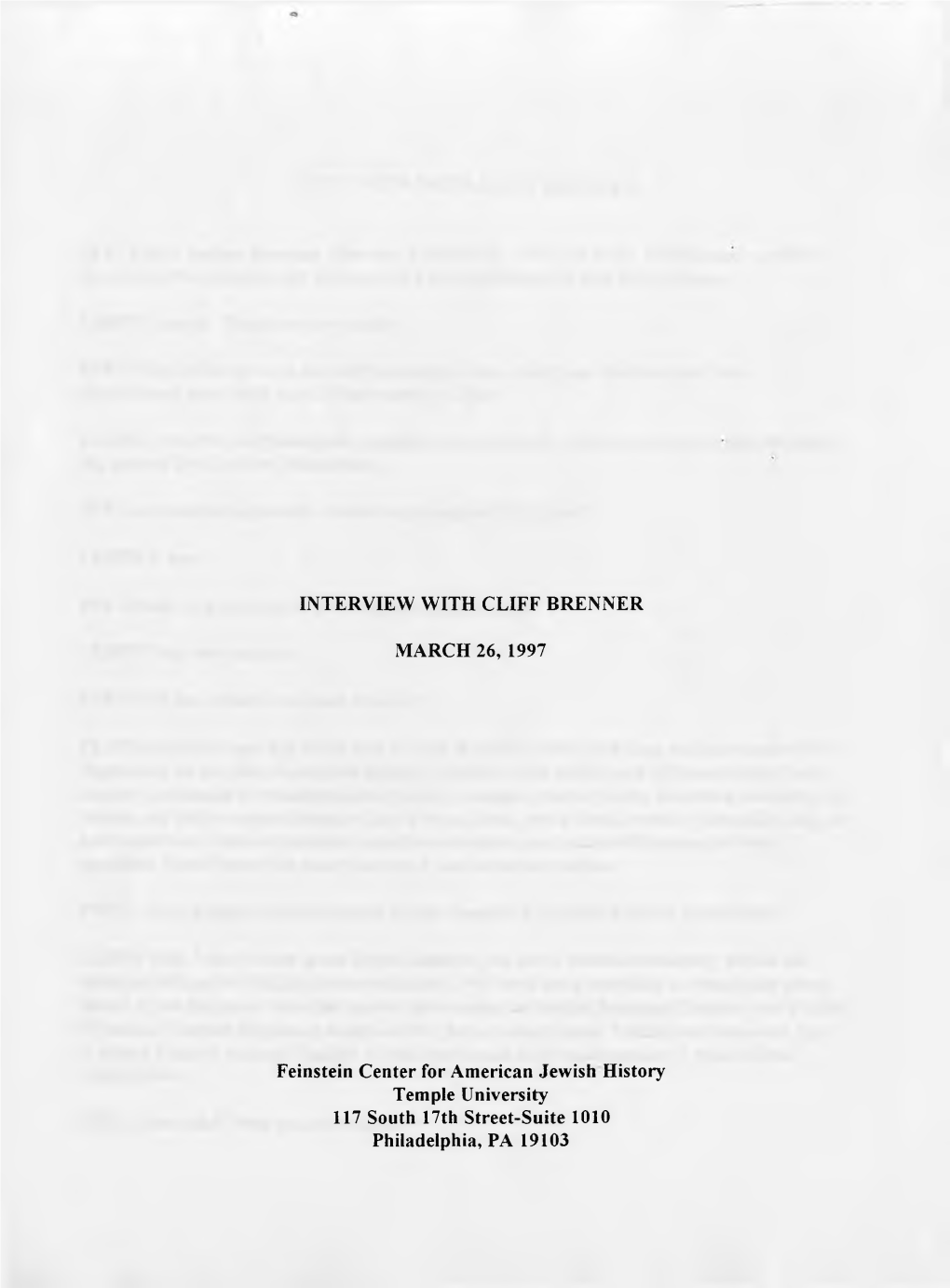 INTERVIEW with CLIFF BRENNER MARCH 26, 1997 Feinstein Center