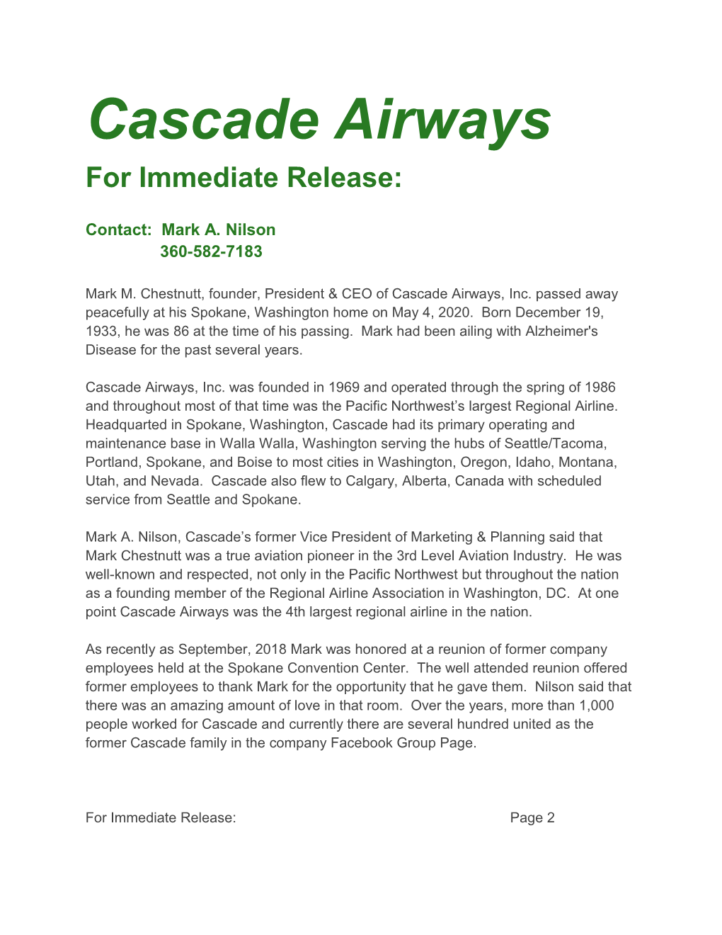 Cascade Airways for Immediate Release