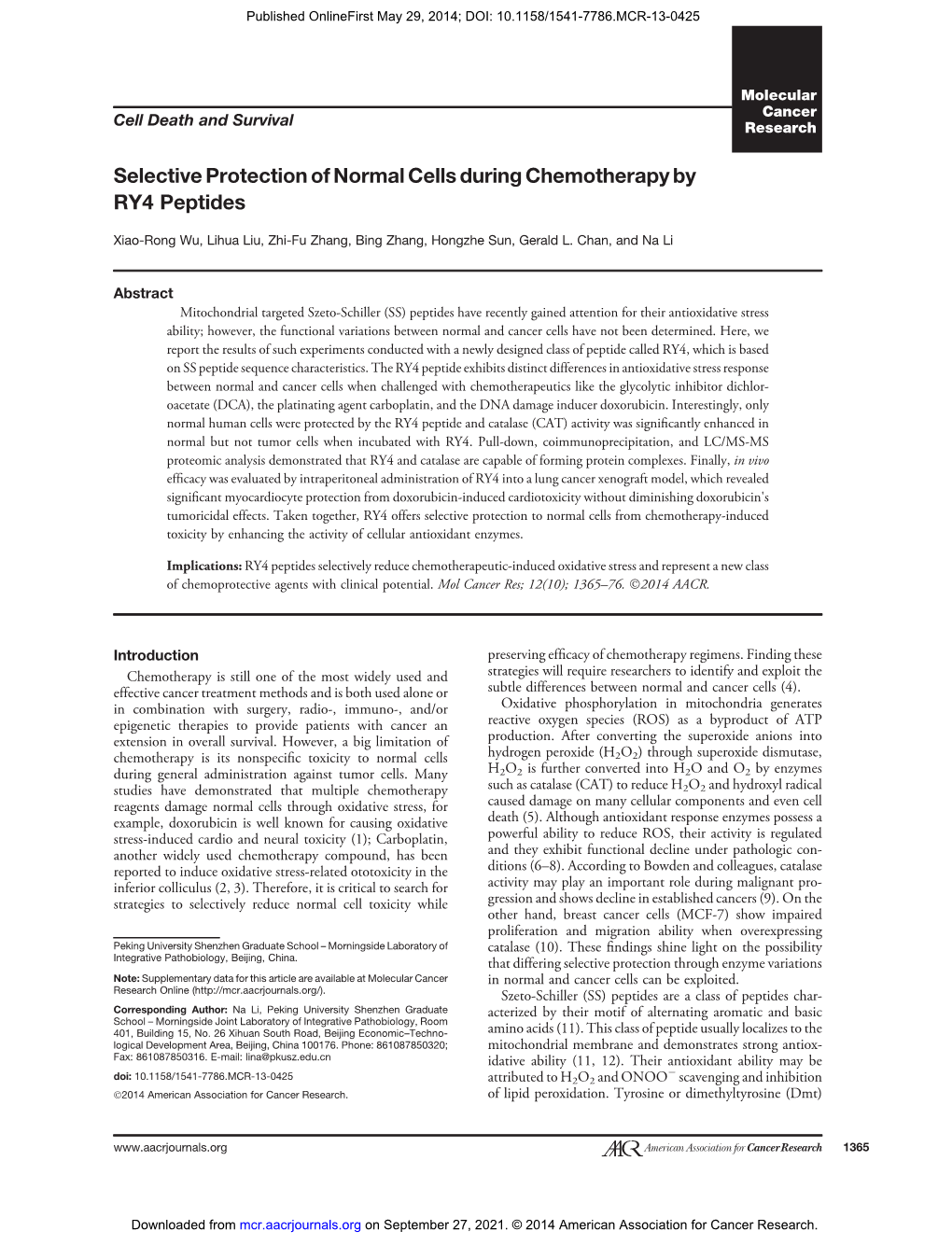 Selective Protection of Normal Cells During Chemotherapy by RY4 Peptides