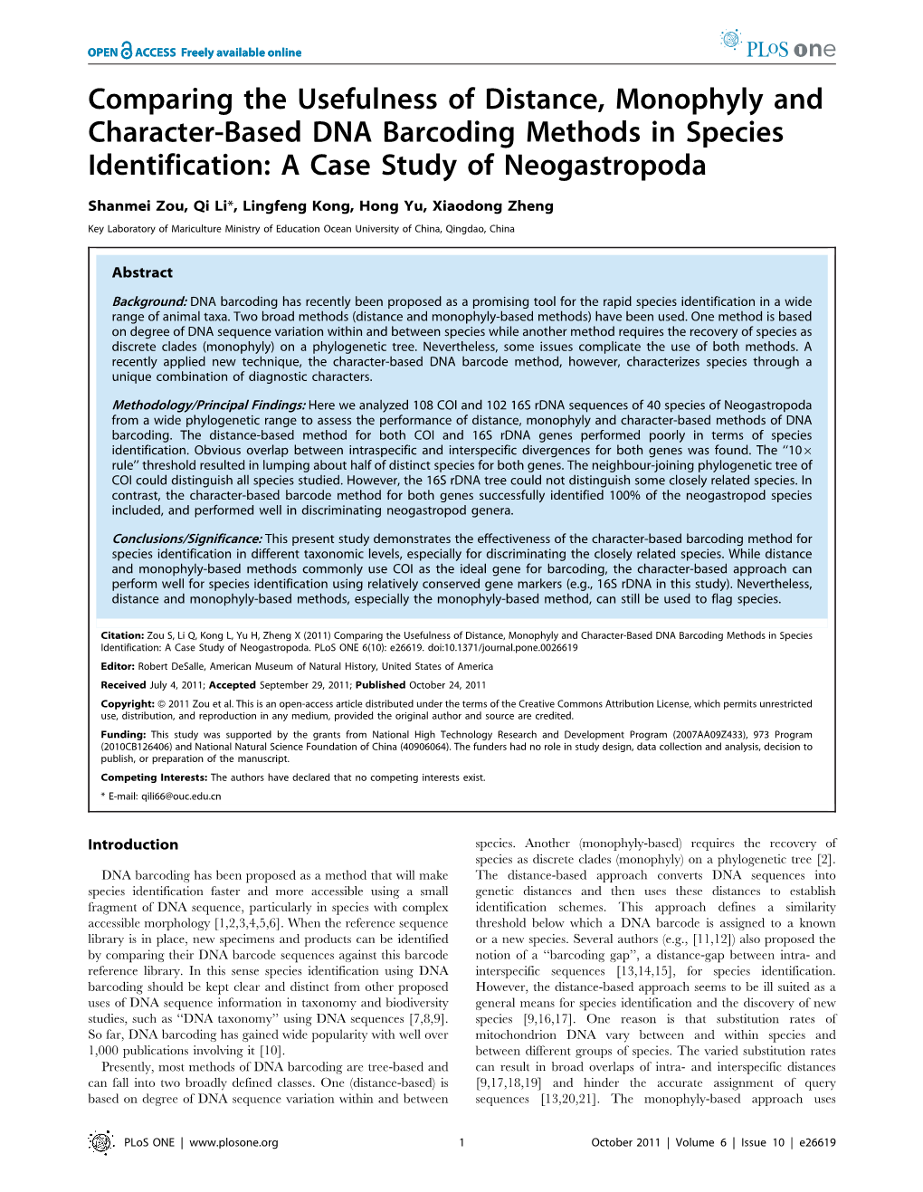 Comparing the Usefulness of Distance, Monophyly and Character-Based DNA Barcoding Methods in Species Identification: a Case Study of Neogastropoda