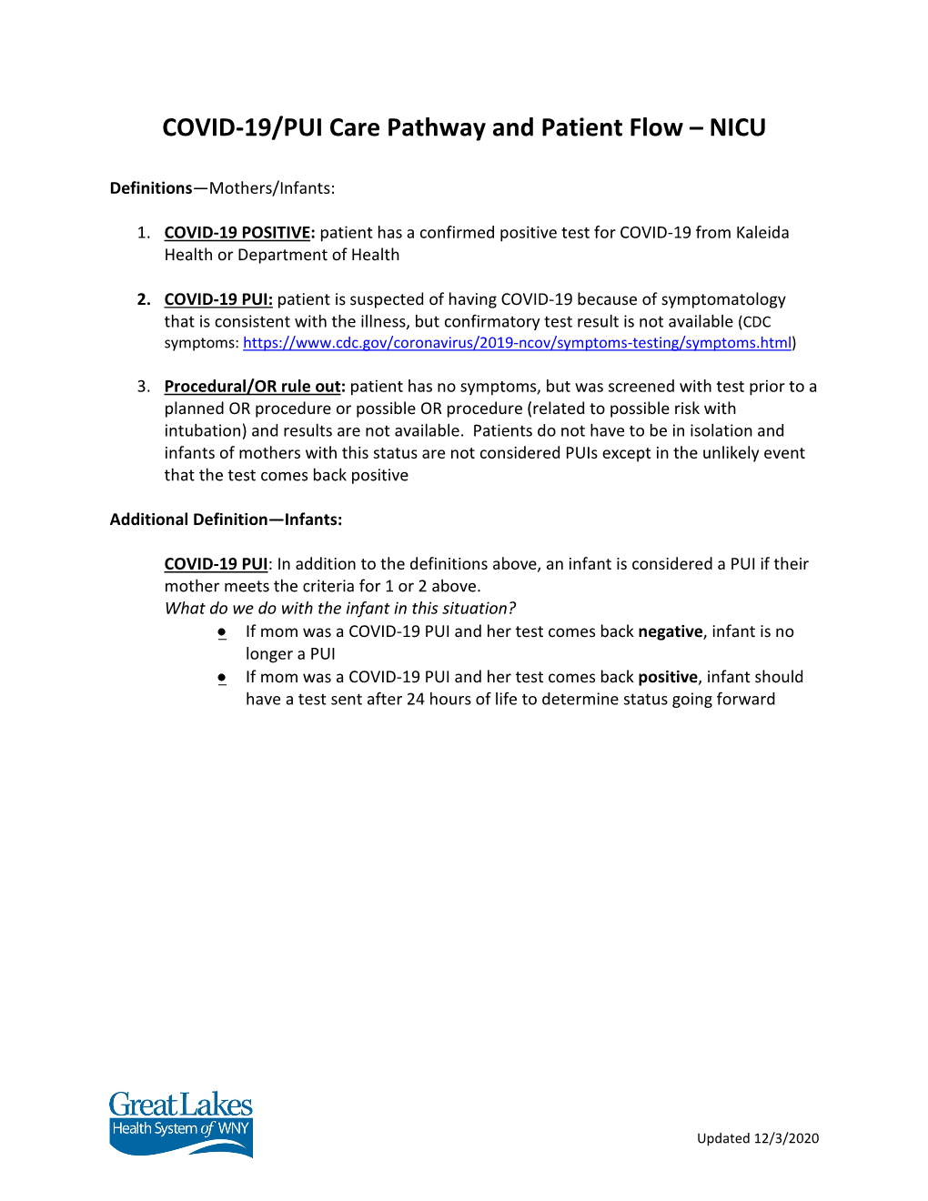 COVID-19/PUI Care Pathway and Patient Flow – NICU