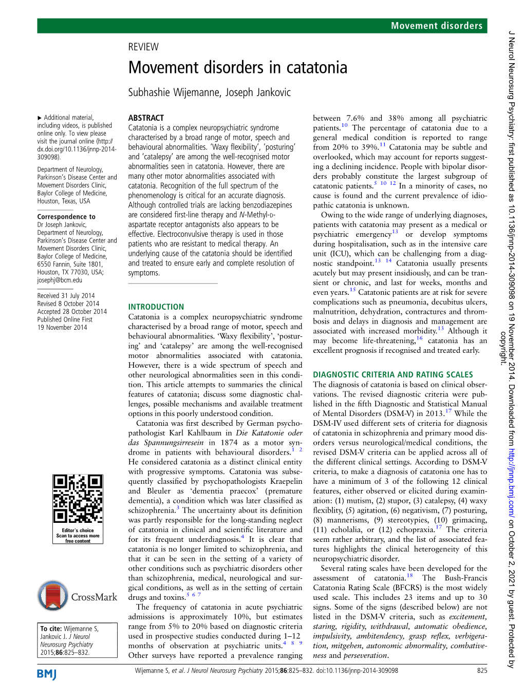 Movement Disorders in Catatonia Subhashie Wijemanne, Joseph Jankovic