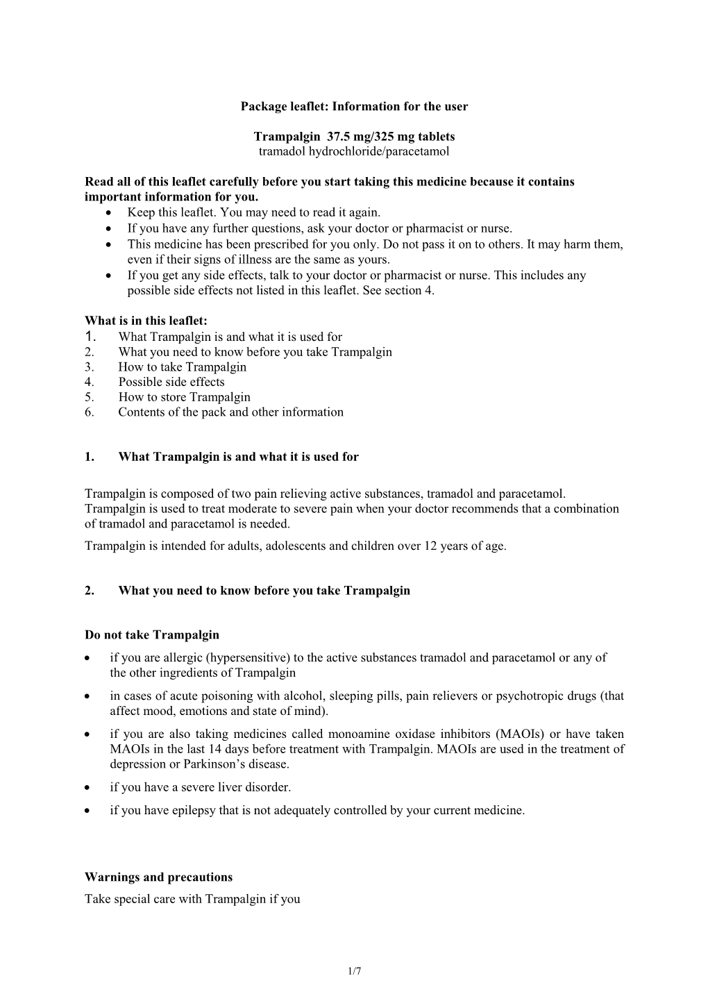 Package Leaflet: Information for the User Trampalgin 37.5 Mg/325 Mg