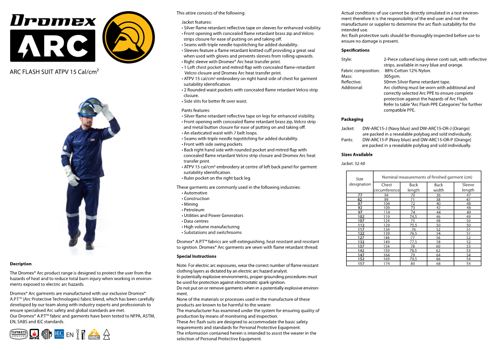 Technical Datasheet DW ARC 15 CAL SUIT