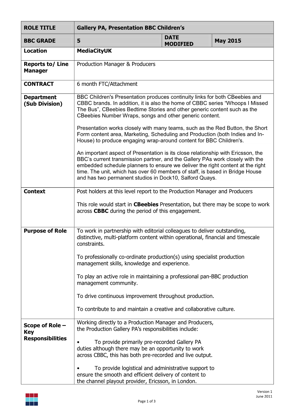 ROLE TITLE Gallery PA, Presentation BBC Children’S DATE BBC GRADE 5 May 2015 MODIFIED Location Mediacityuk