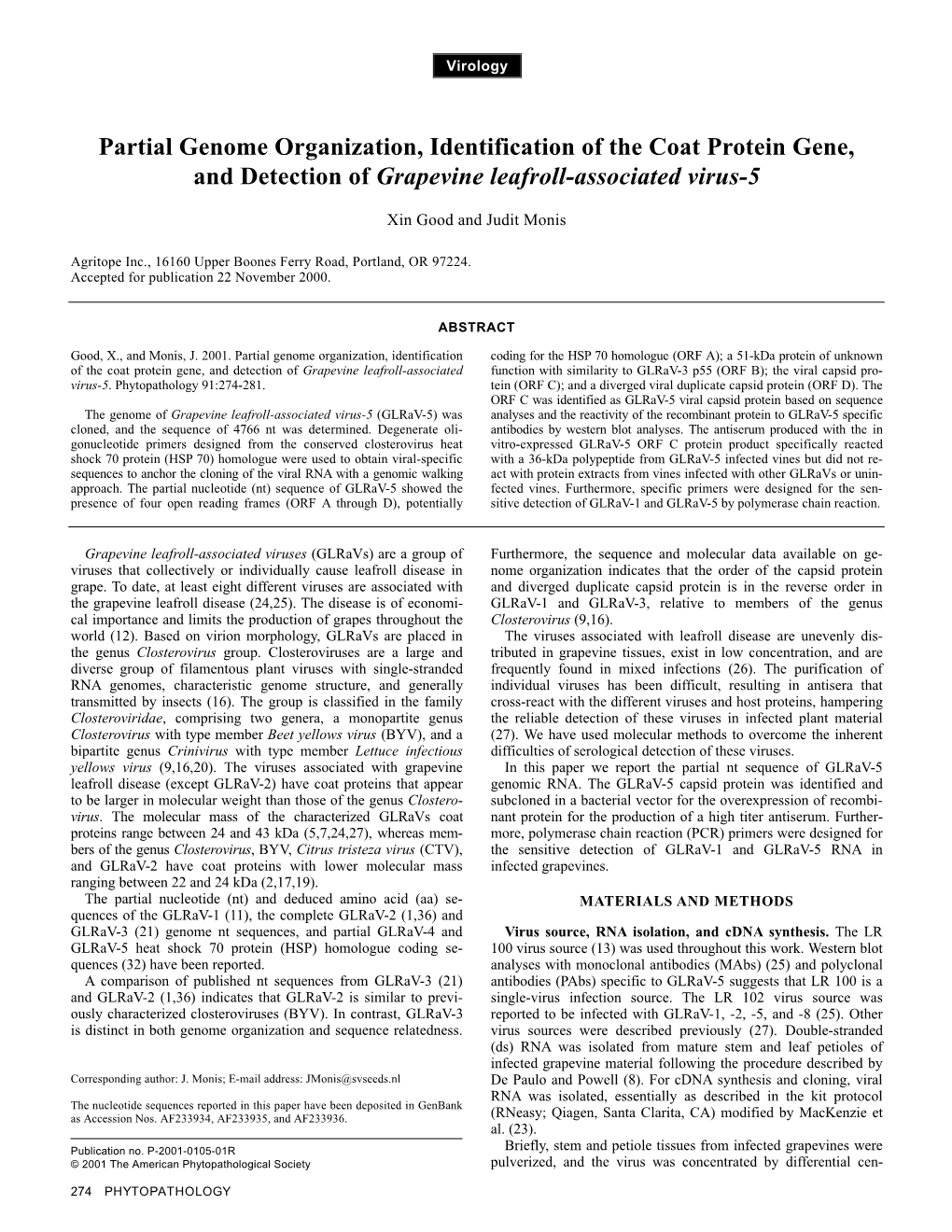 Partial Genome Organization, Identification of the Coat Protein Gene, and Detection of Grapevine Leafroll-Associated Virus-5