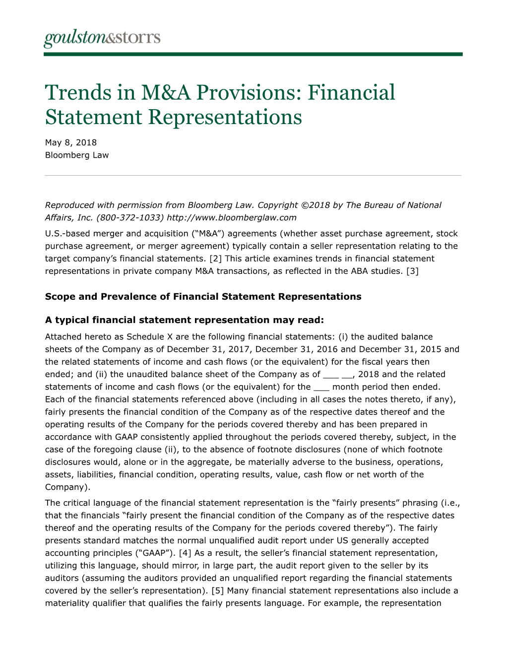 Trends in M&A Provisions: Financial Statement Representations