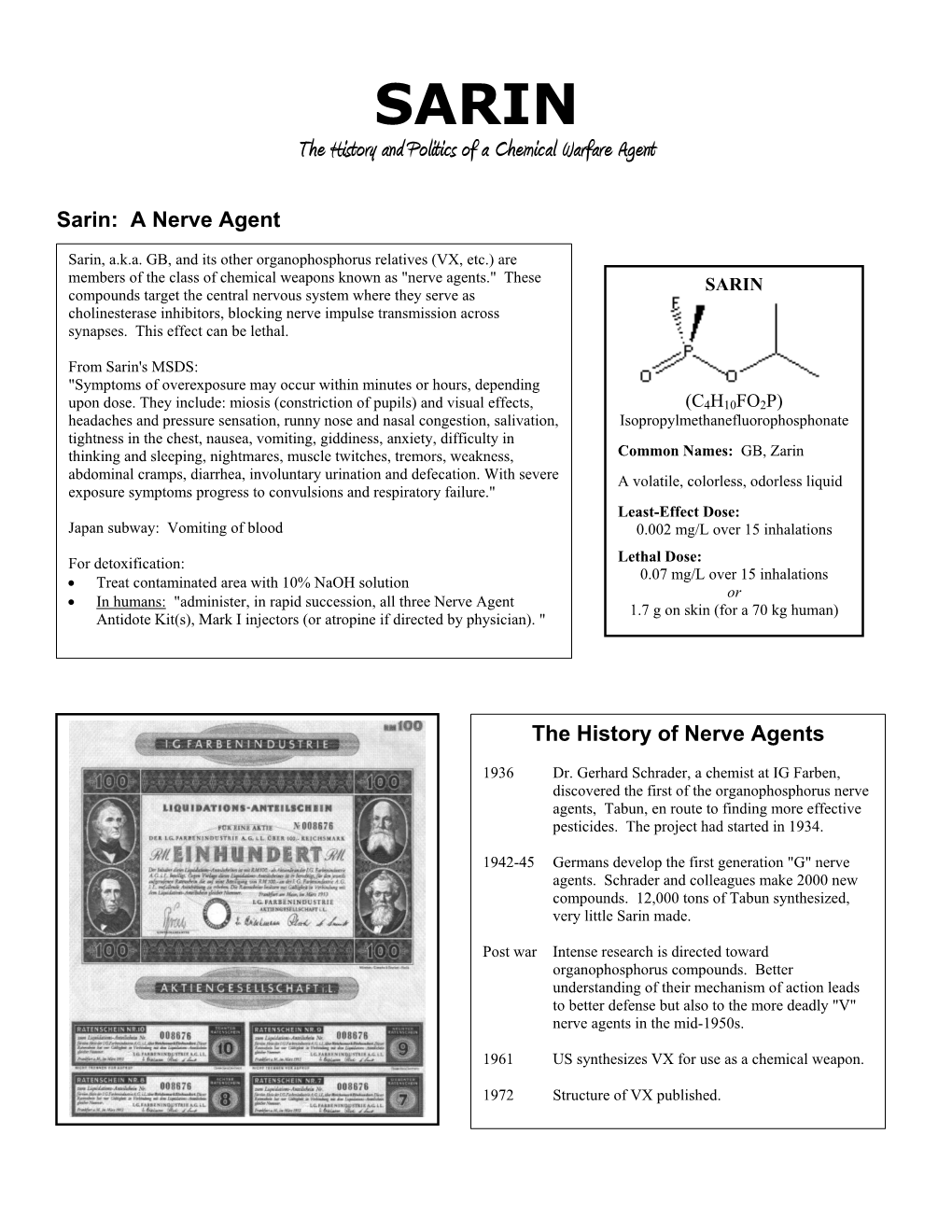 SARIN the History and Politics of a Chemical Warfare Agent