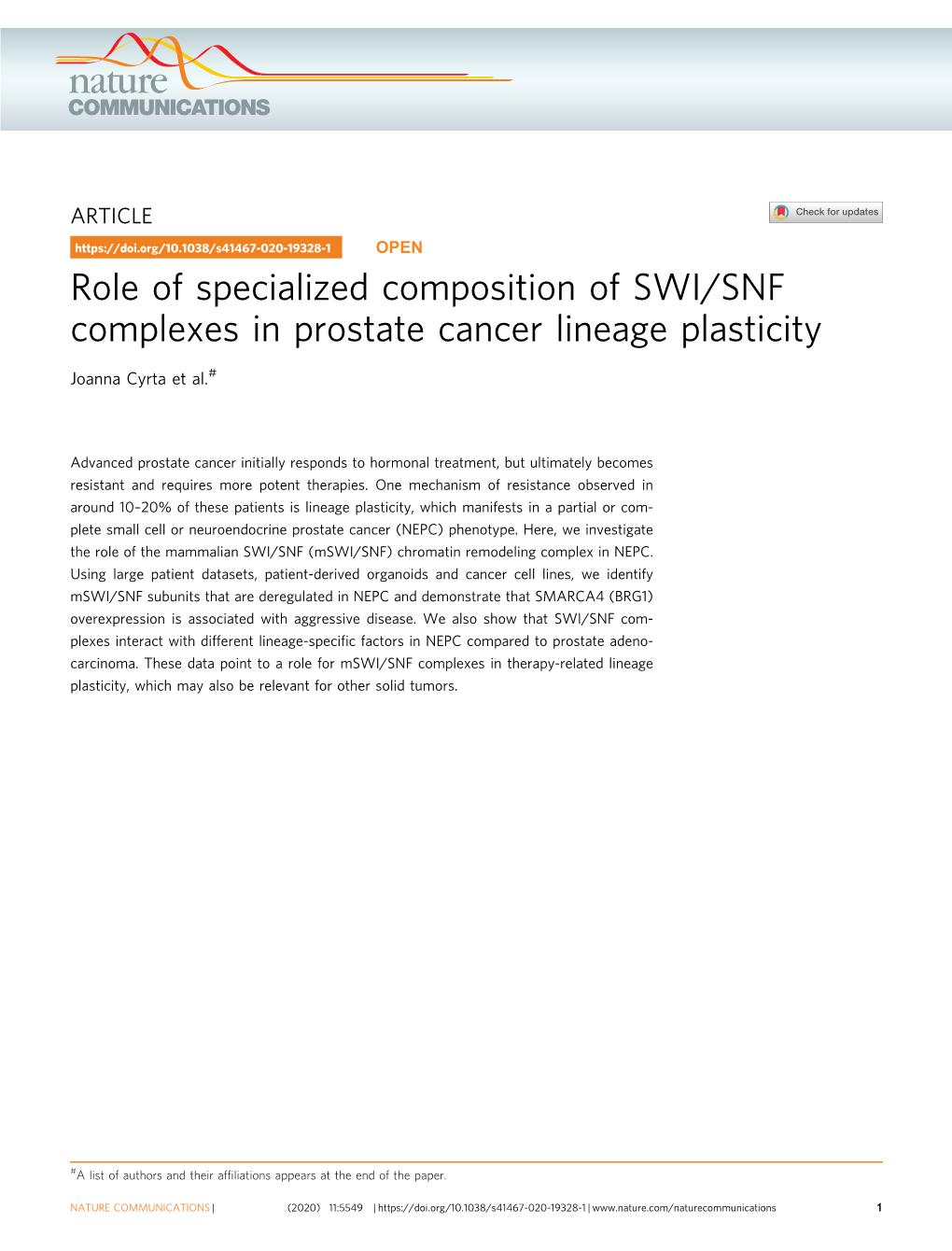 Role of Specialized Composition of SWI/SNF Complexes in Prostate Cancer Lineage Plasticity