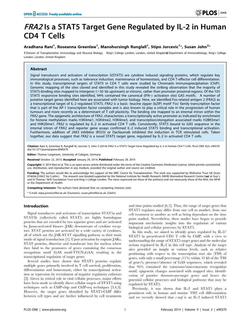 FRA2 Is a STAT5 Target Gene Regulated by IL-2 in Human CD4 T Cells