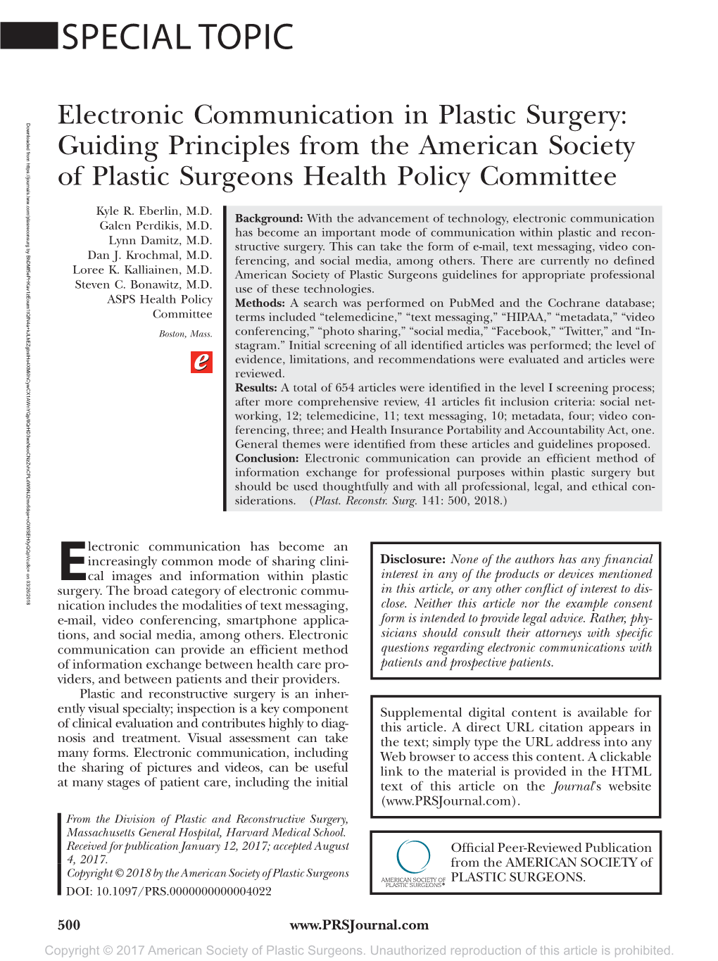 Electronic Communication in Plastic Surgery: Surgery: in Plastic Communication Electronic Copyright © 2017 American Society of Plastic Surgeons