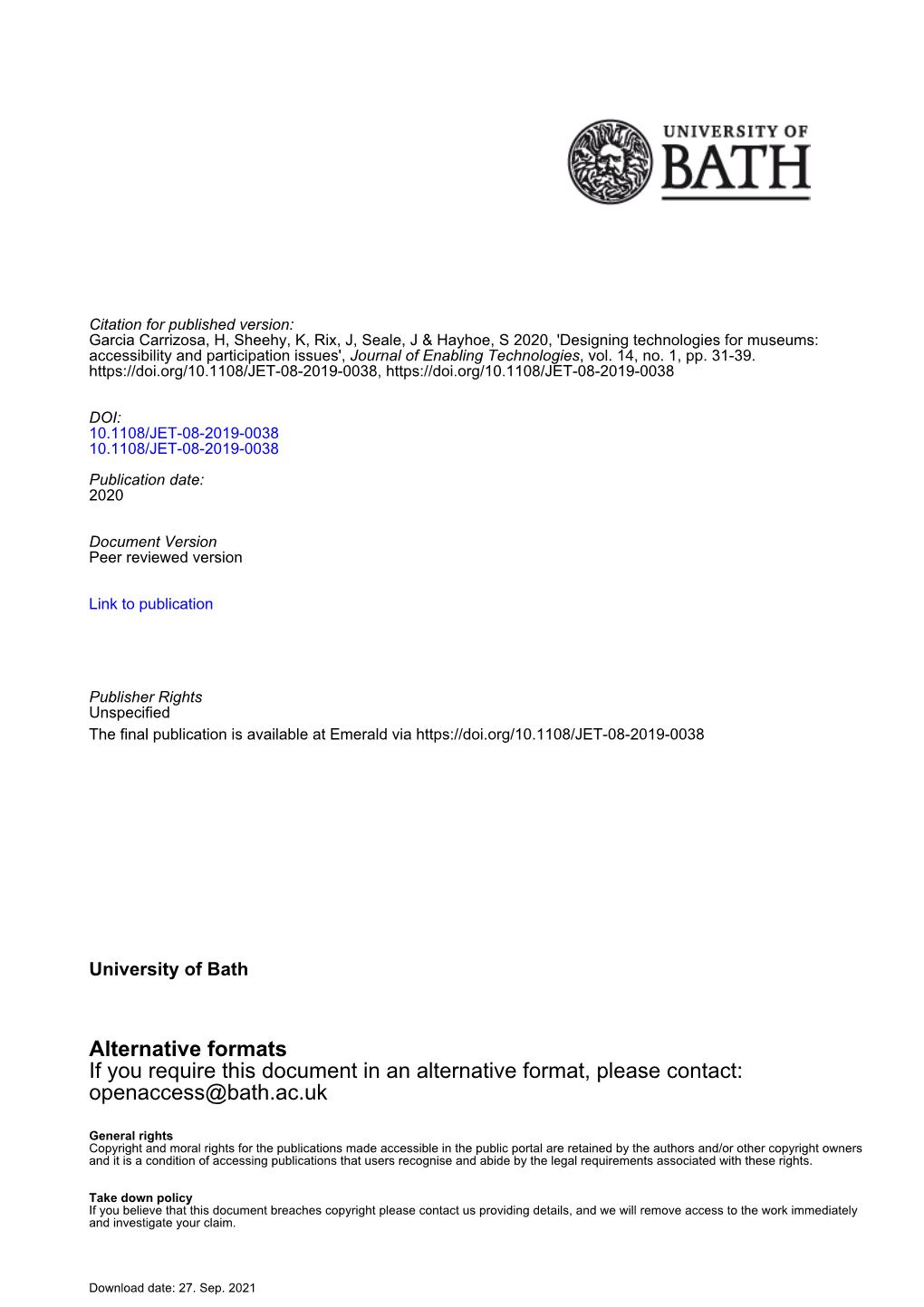 Alternative Formats If You Require This Document in an Alternative Format, Please Contact: Openaccess@Bath.Ac.Uk