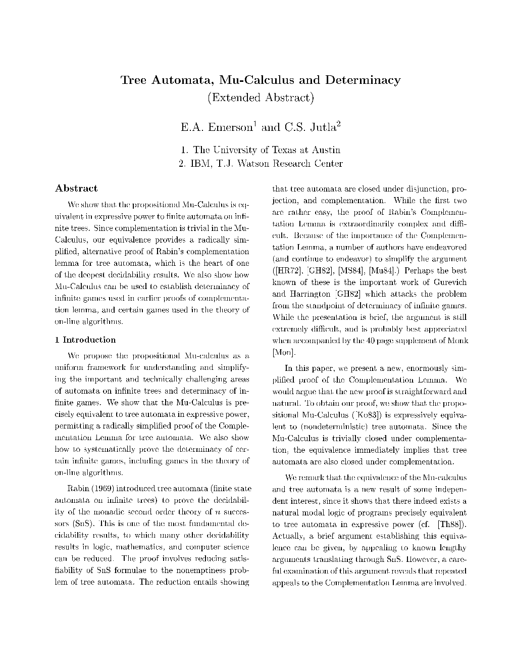 E. A. Emerson and C. S. Jutla, Tree Automata, Mu-Calculus, And