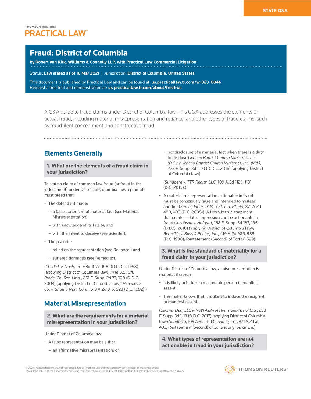 Fraud: District of Columbia by Robert Van Kirk, Williams & Connolly LLP, with Practical Law Commercial Litigation