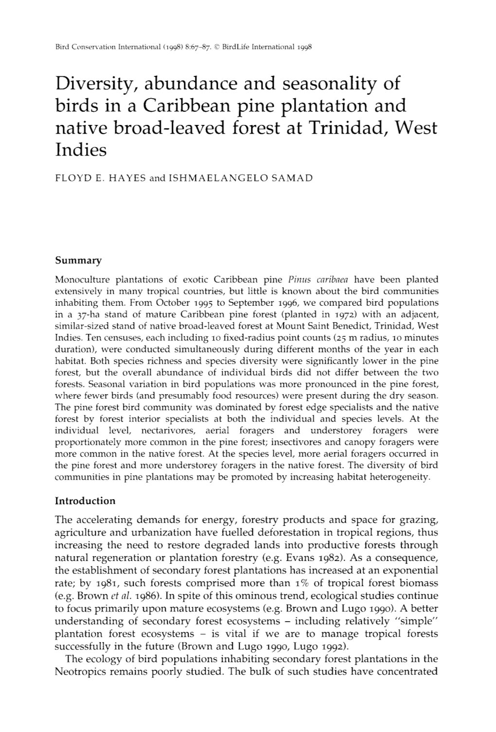 Diversity, Abundance and Seasonality of Birds in a Caribbean Pine Plantation and Native Broad-Leaved Forest at Trinidad, West Indies