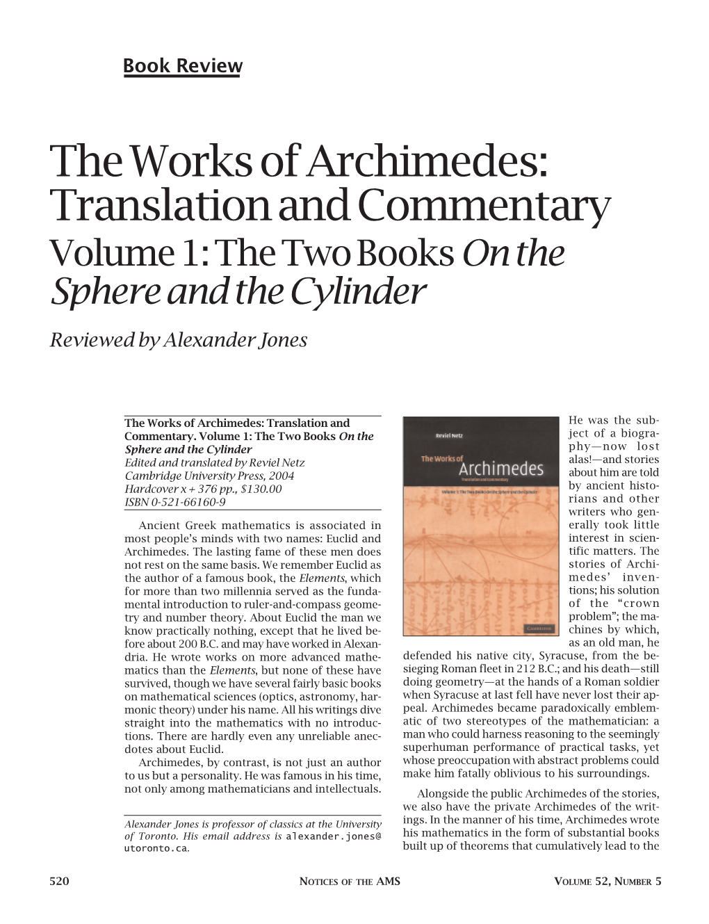 The Works of Archimedes: Translation and Commentary Volume 1: the Two Books on the Sphere and the Cylinder