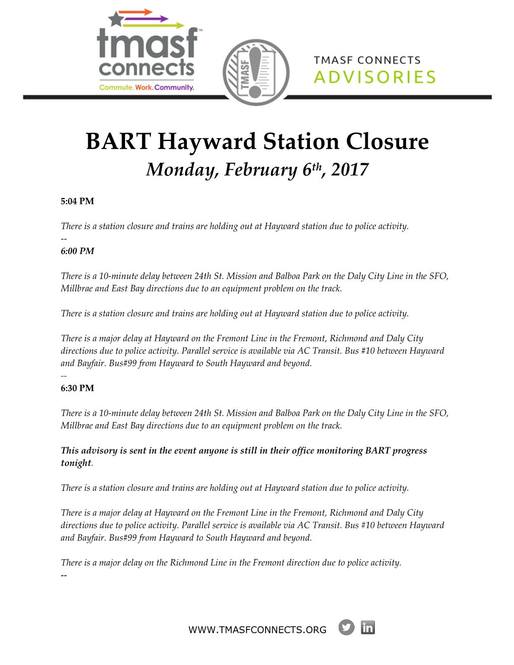 BART Hayward Station Closure Monday, February 6Th, 2017
