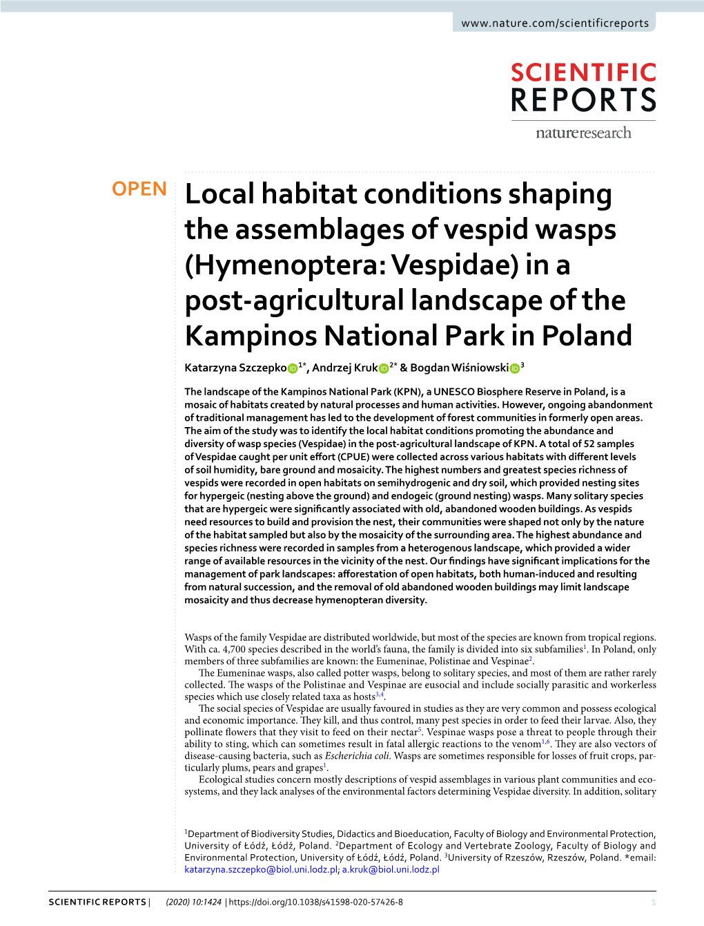 Hymenoptera: Vespidae) in a Post-Agricultural Landscape of the Kampinos National Park in Poland Katarzyna Szczepko 1*, Andrzej Kruk 2* & Bogdan Wiśniowski 3