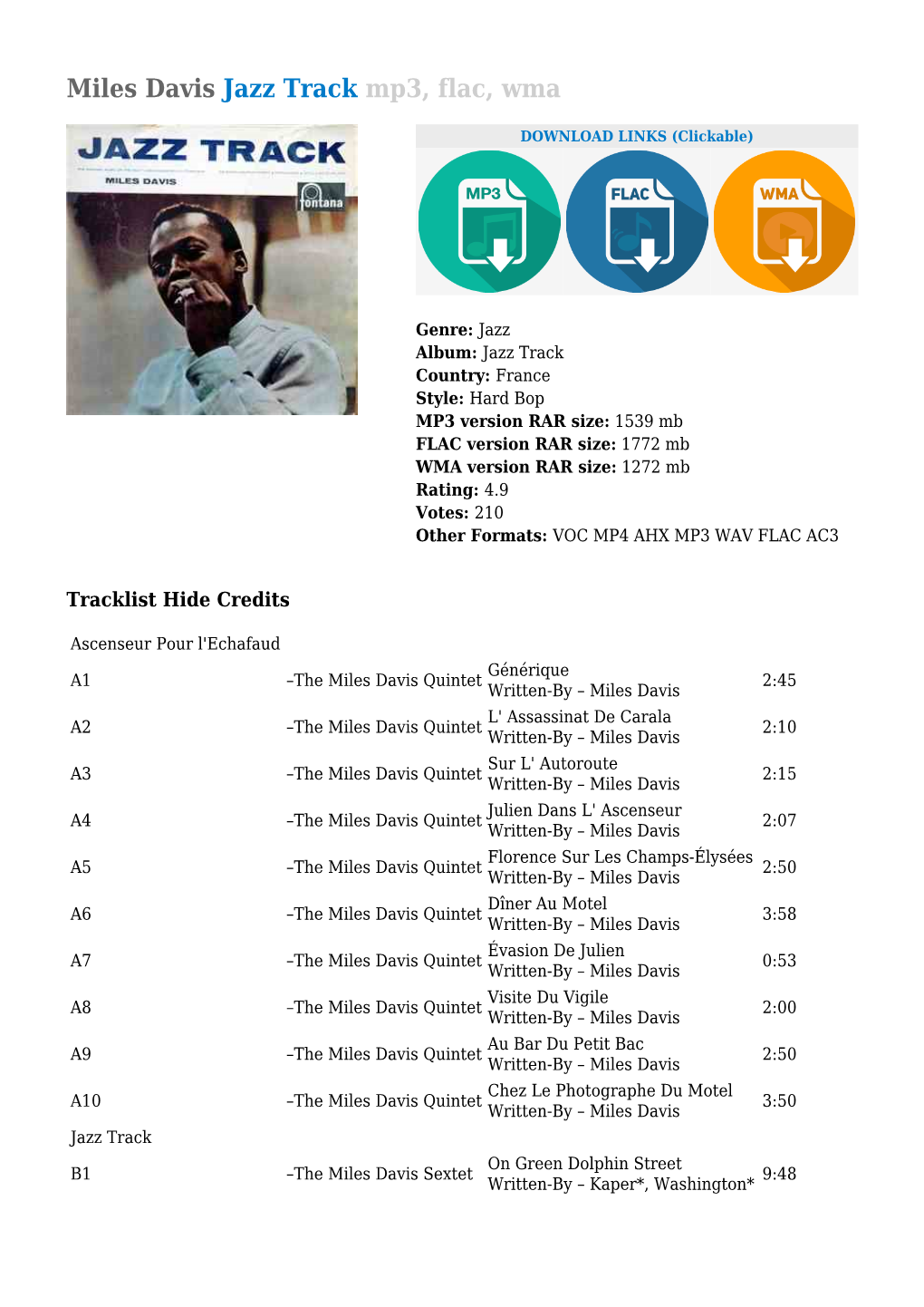Miles Davis Jazz Track Mp3, Flac, Wma