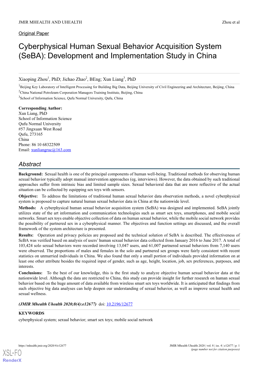 Cyberphysical Human Sexual Behavior Acquisition System (Seba): Development and Implementation Study in China