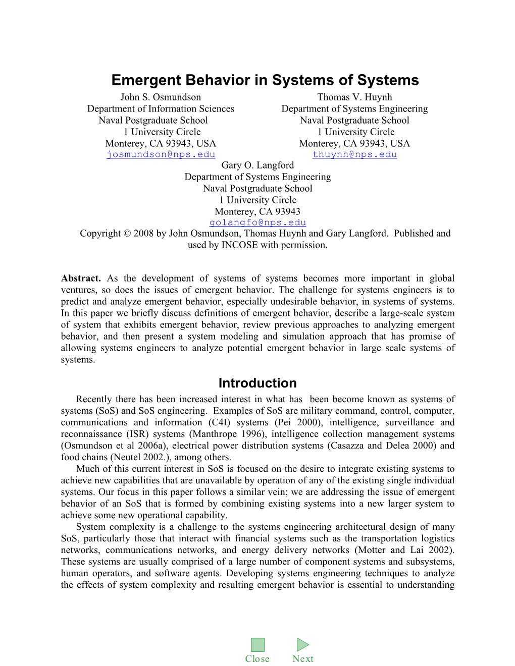 Emergent Behavior in Systems of Systems John S