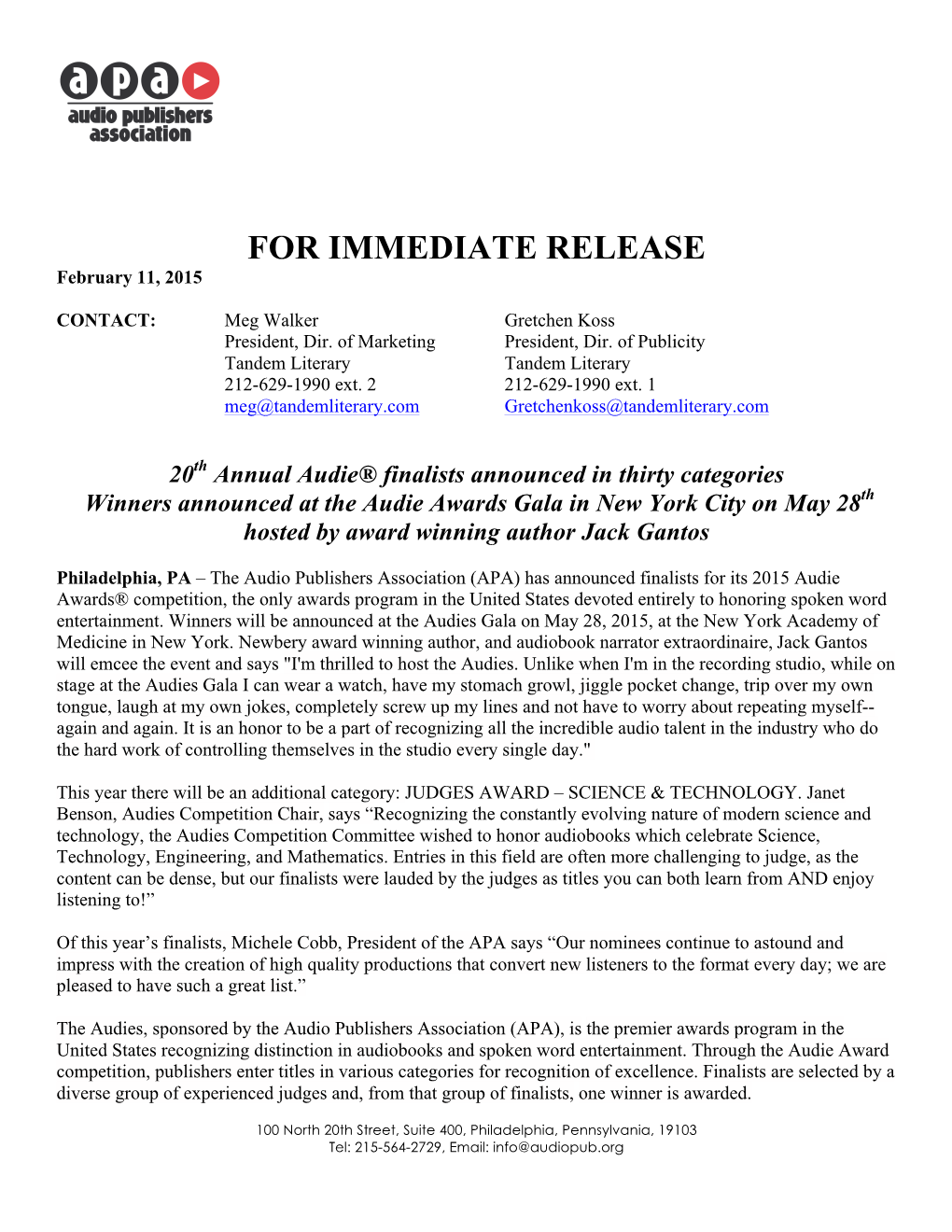 FOR IMMEDIATE RELEASE February 11, 2015