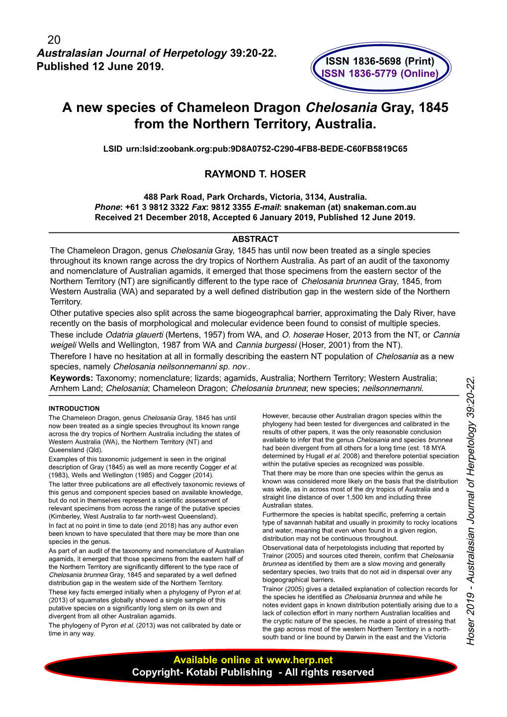 A New Species of Chameleon Dragon Chelosania Gray, 1845 from the Northern Territory, Australia