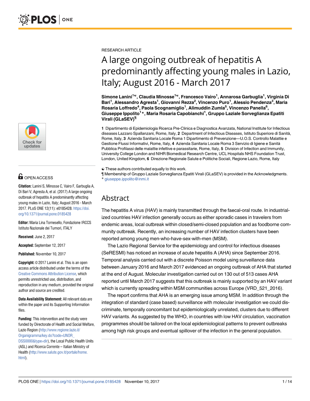 A Large Ongoing Outbreak of Hepatitis a Predominantly Affecting Young Males in Lazio, Italy; August 2016 - March 2017