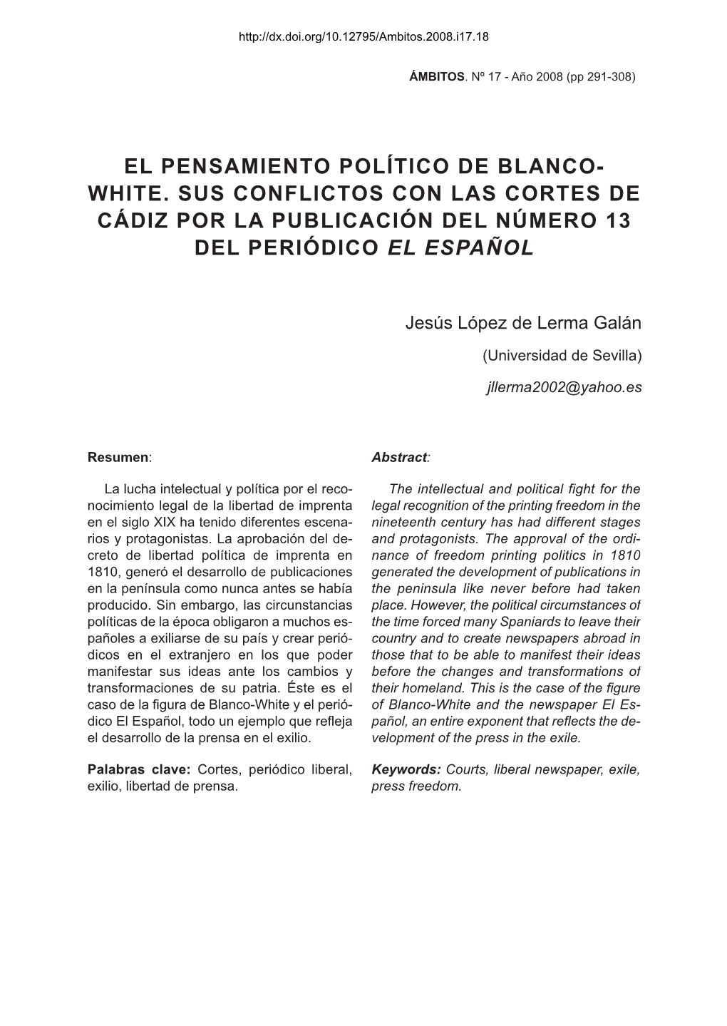 El Pensamiento Político De Blanco White. Sus Conflictos Con Las Cortes