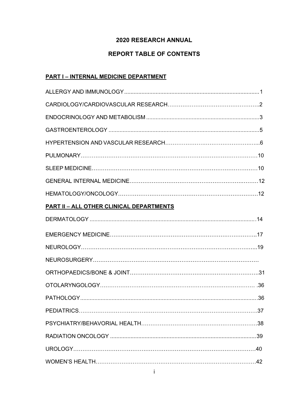 2020 Research Annual Report Table of Contents