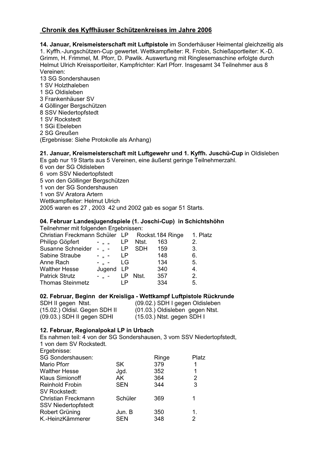 Chronik Des Kyffhäuser Schützenkreises Im Jahre 2006