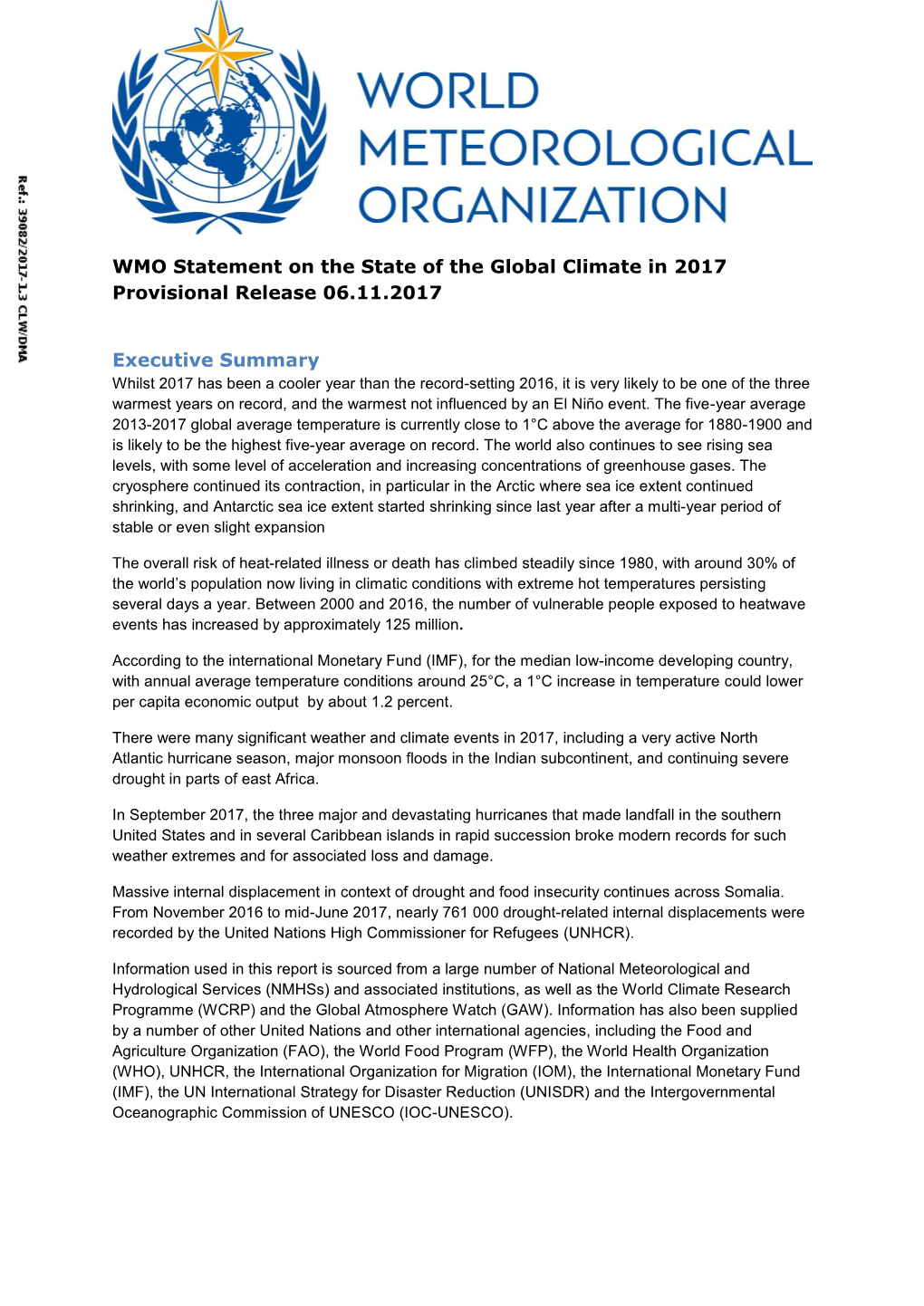 WMO Statement on the State of the Global Climate in 2017 Provisional Release 06.11.2017