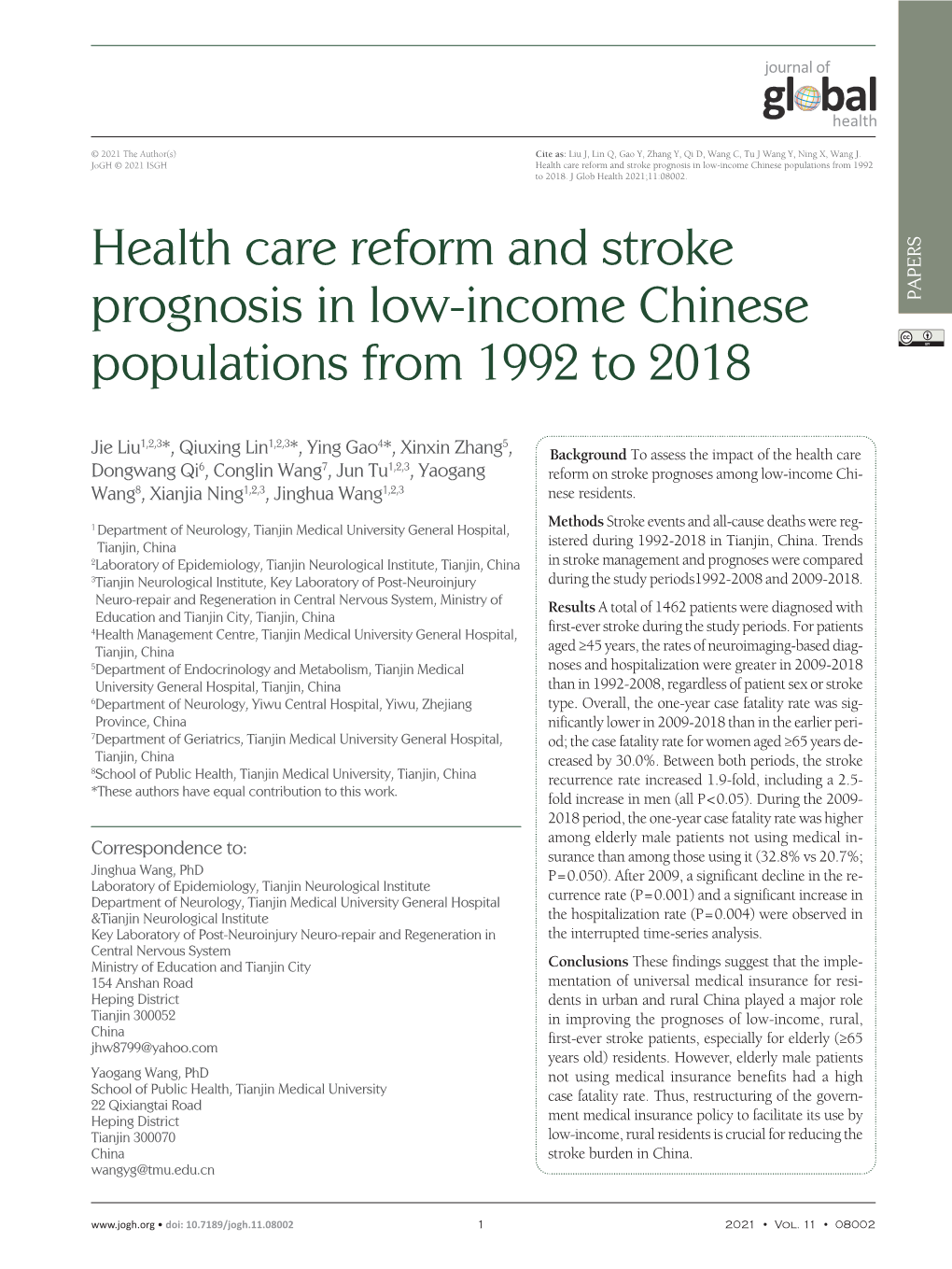 Health Care Reform and Stroke Prognosis in Low-Income Chinese