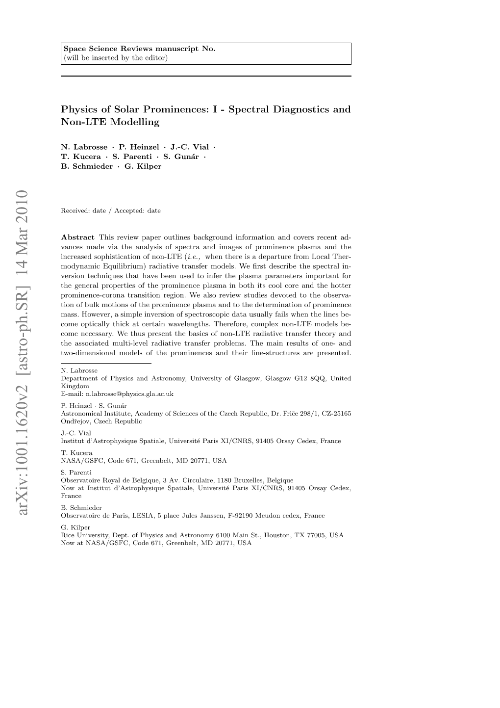 Physics of Solar Prominences: I-Spectral Diagnostics and Non-LTE