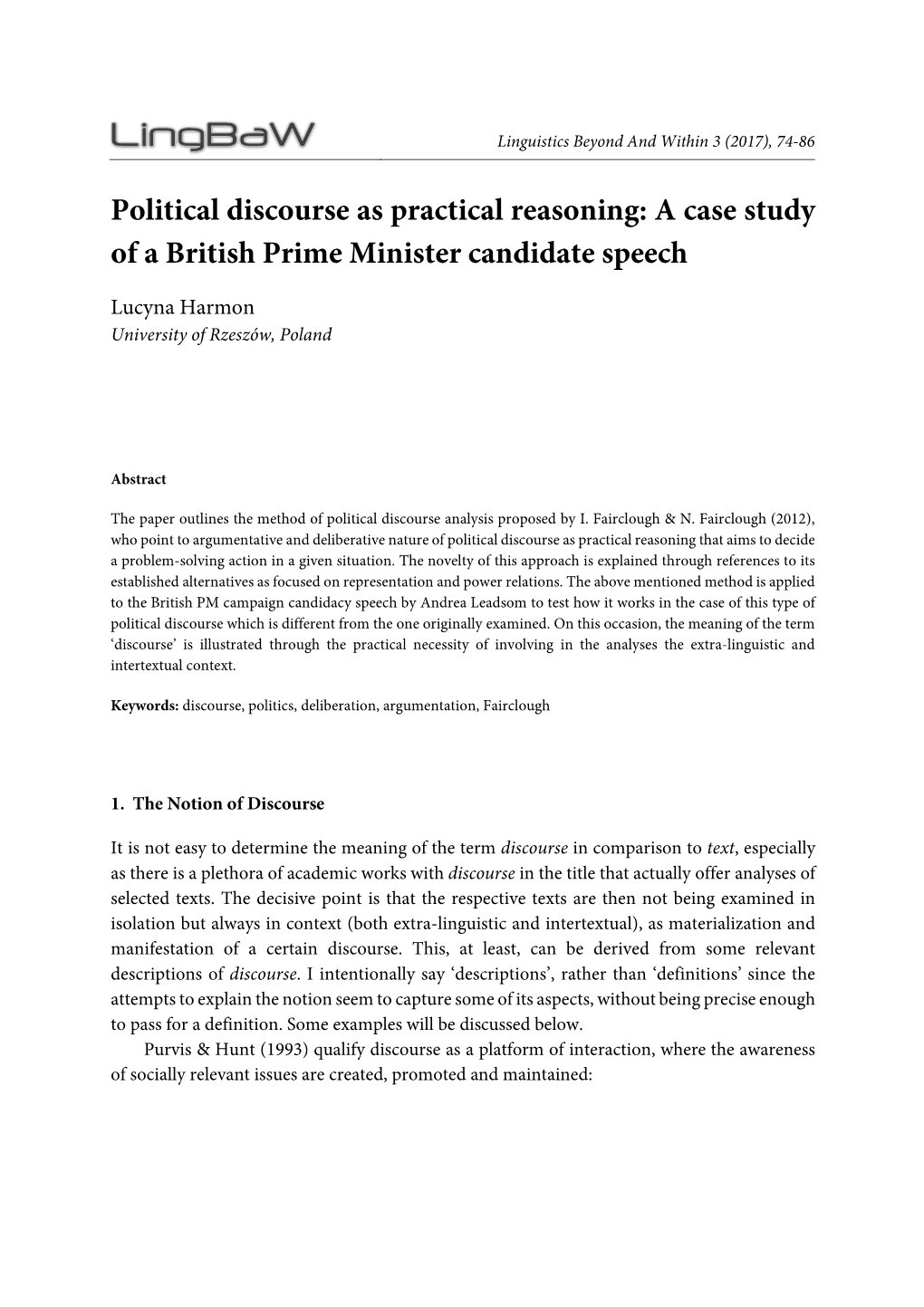 Political Discourse As Practical Reasoning: a Case Study of a British Prime Minister Candidate Speech