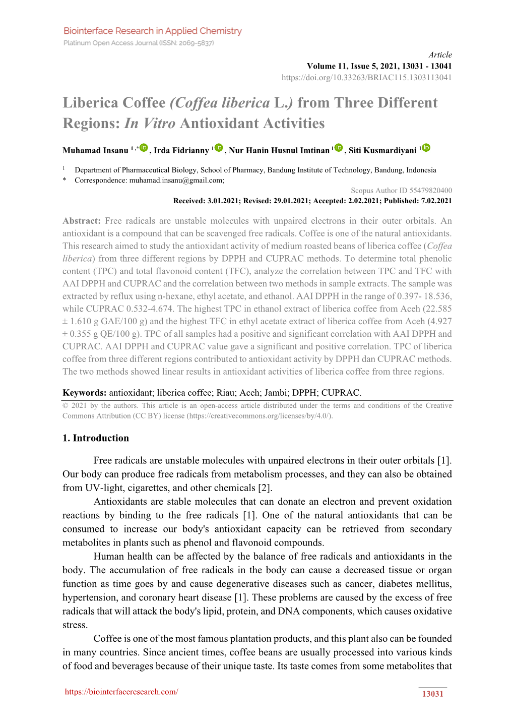 Liberica Coffee (Coffea Liberica L.) from Three Different Regions: in Vitro Antioxidant Activities